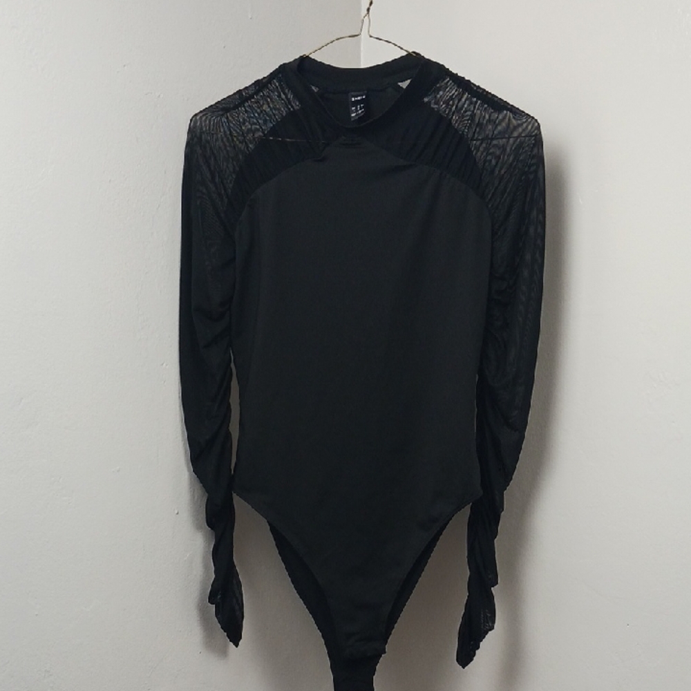 SHEIN Black Knit Top Bodysuit With Mesh Long Sleeves Blouse Size Small